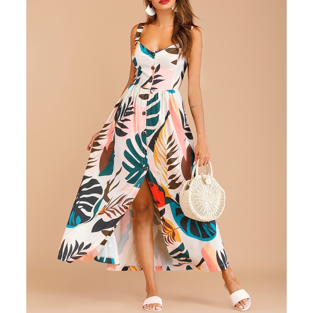 Off White Tropical Print Button Down Maxi Dress